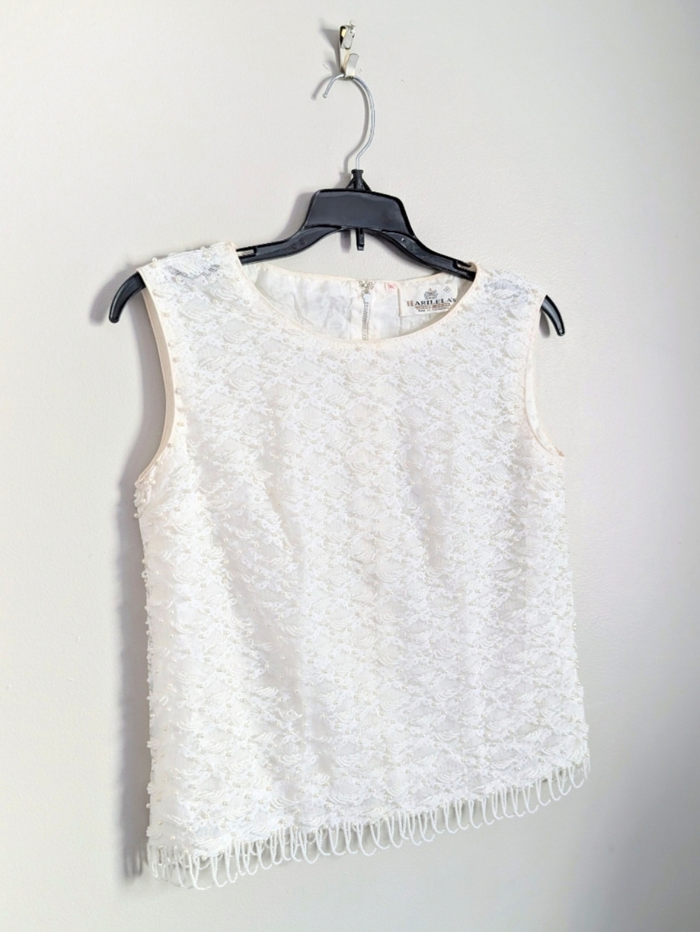 60s Vintage Harilela's Ivory Pearl Beaded Shell Cocktail Top with Fringe - Picture 3 of 15